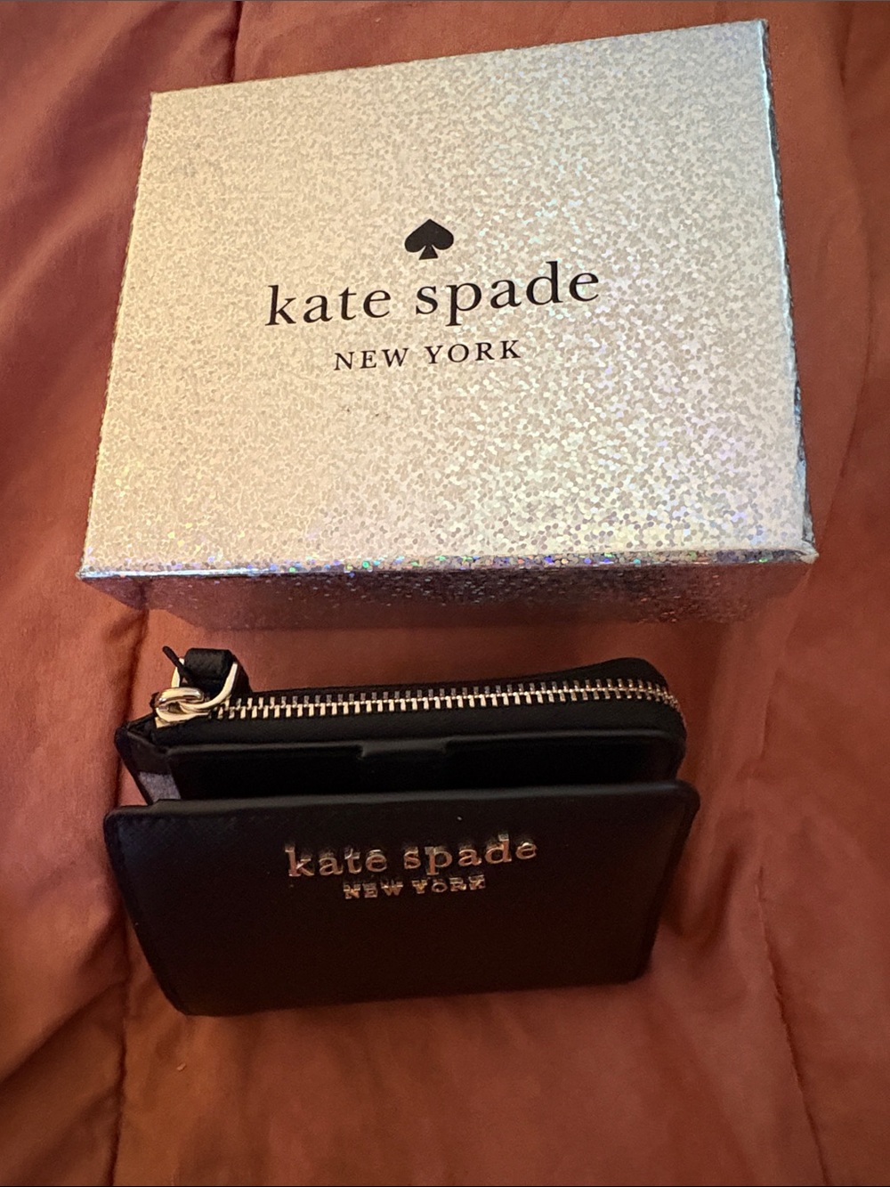 kate spade Black Leather Zip Card Holder with Gold Logo